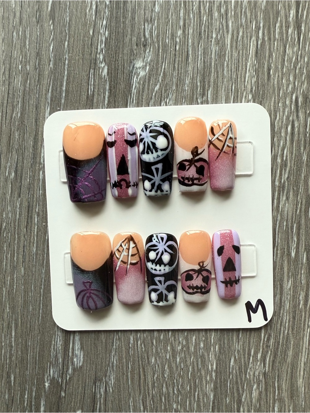 Halloween Pumpkin & Skull Press-On Nails in Peach and Purple